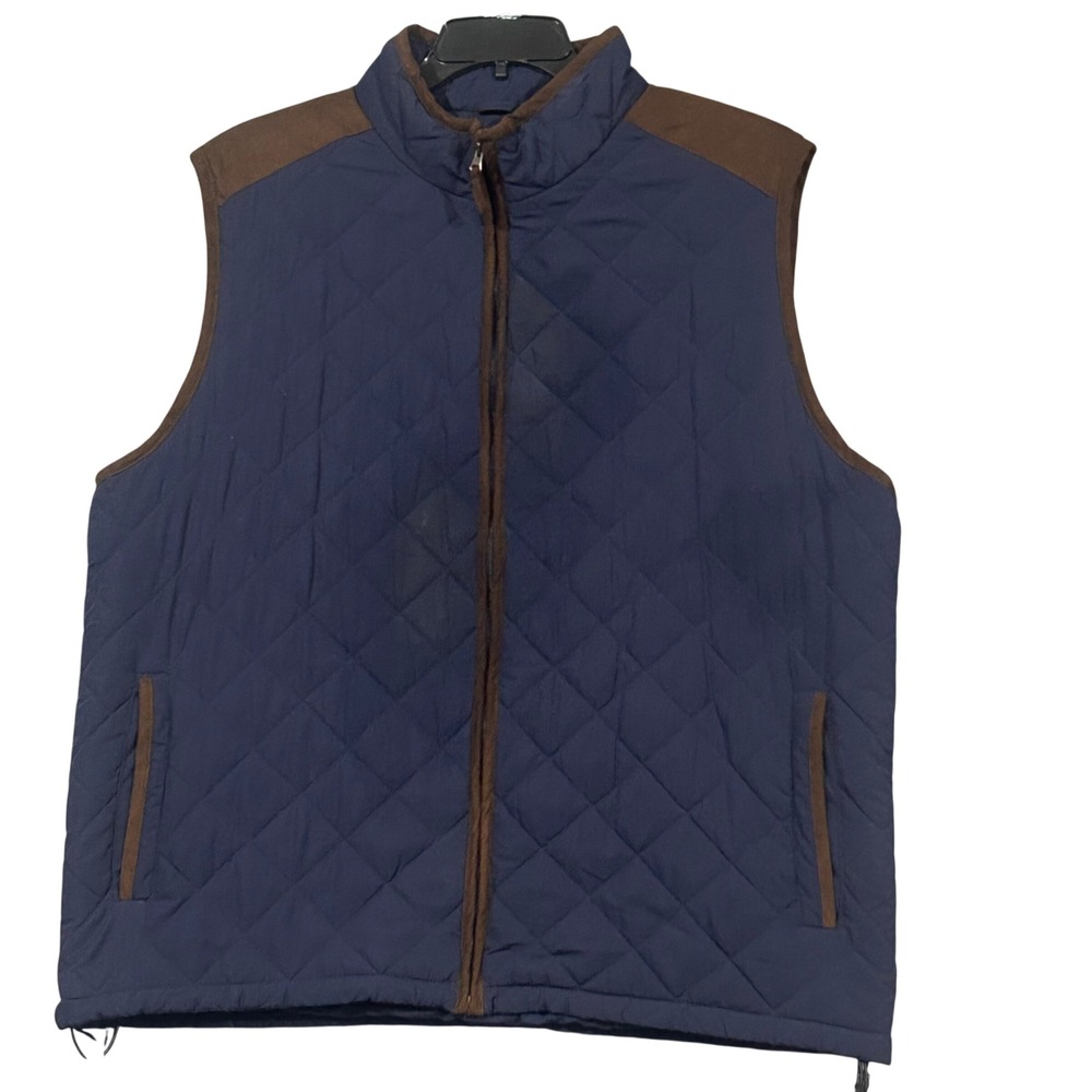 Coleman Mens XXL Quilted Vest Navy Blue Brown Trim Full Zip Outdoor Puffer Layer